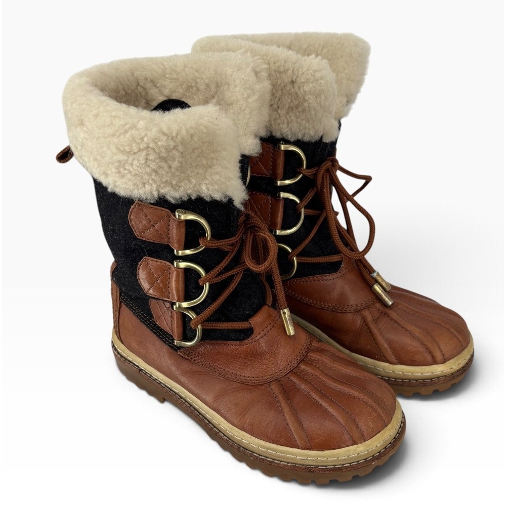 Tory Burch Shearling Duck Boots Womens Brown Leather Black Flannel